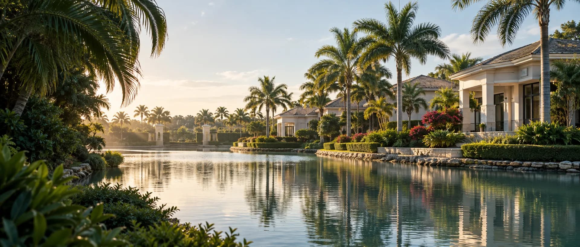 Palm-lined homes beside a calm waterway in a South Florida community
