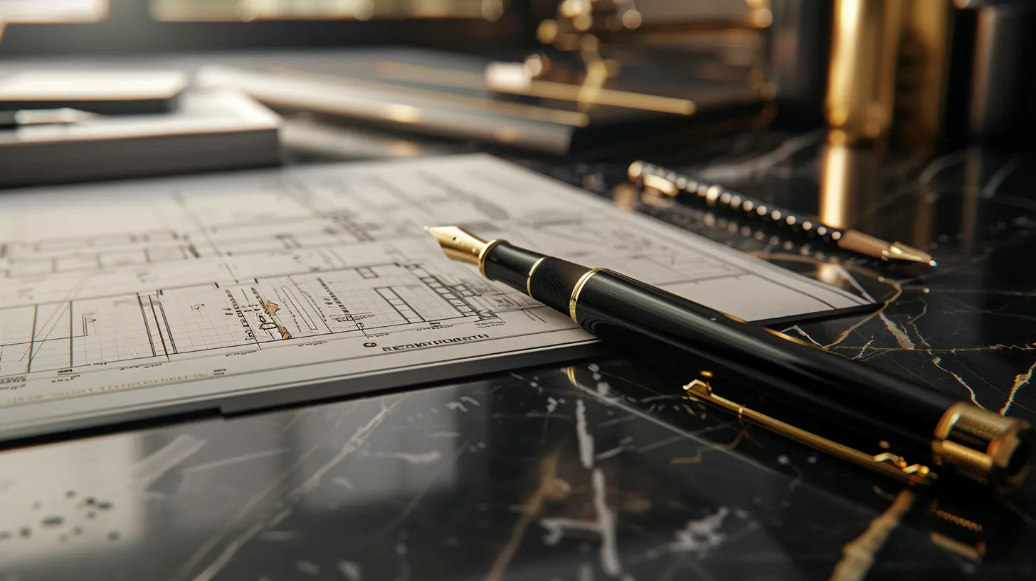 Technical drawings and a pen arranged on a work surface