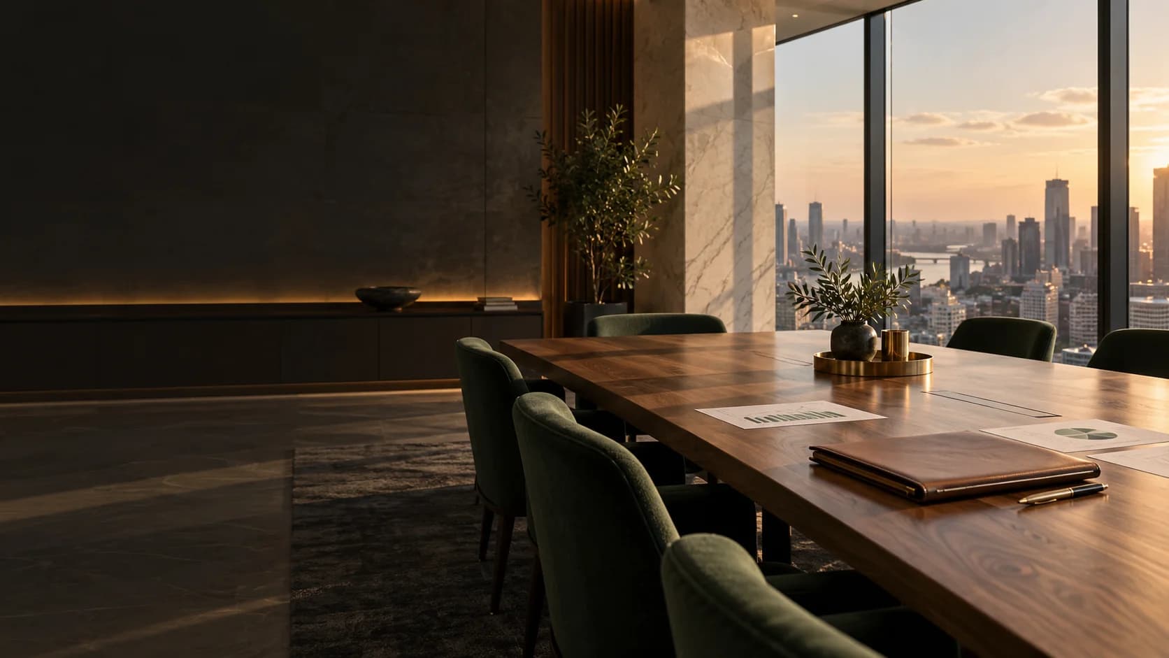 Contemporary company boardroom with a walnut meeting table, board materials, and city views