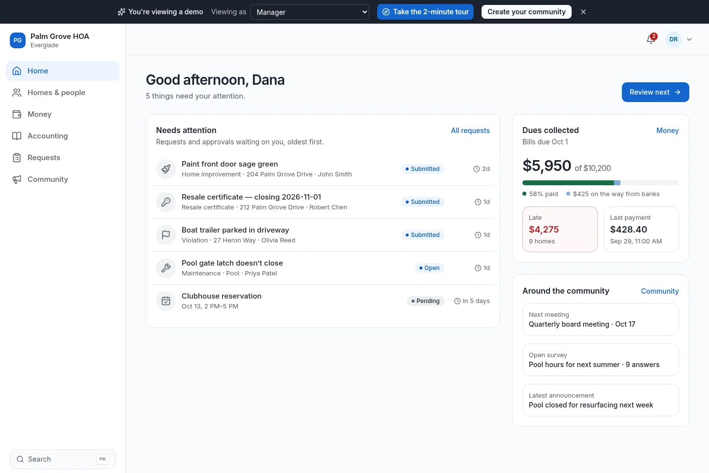 Everglade sample community dashboard with resident requests, dues collection, and upcoming community events